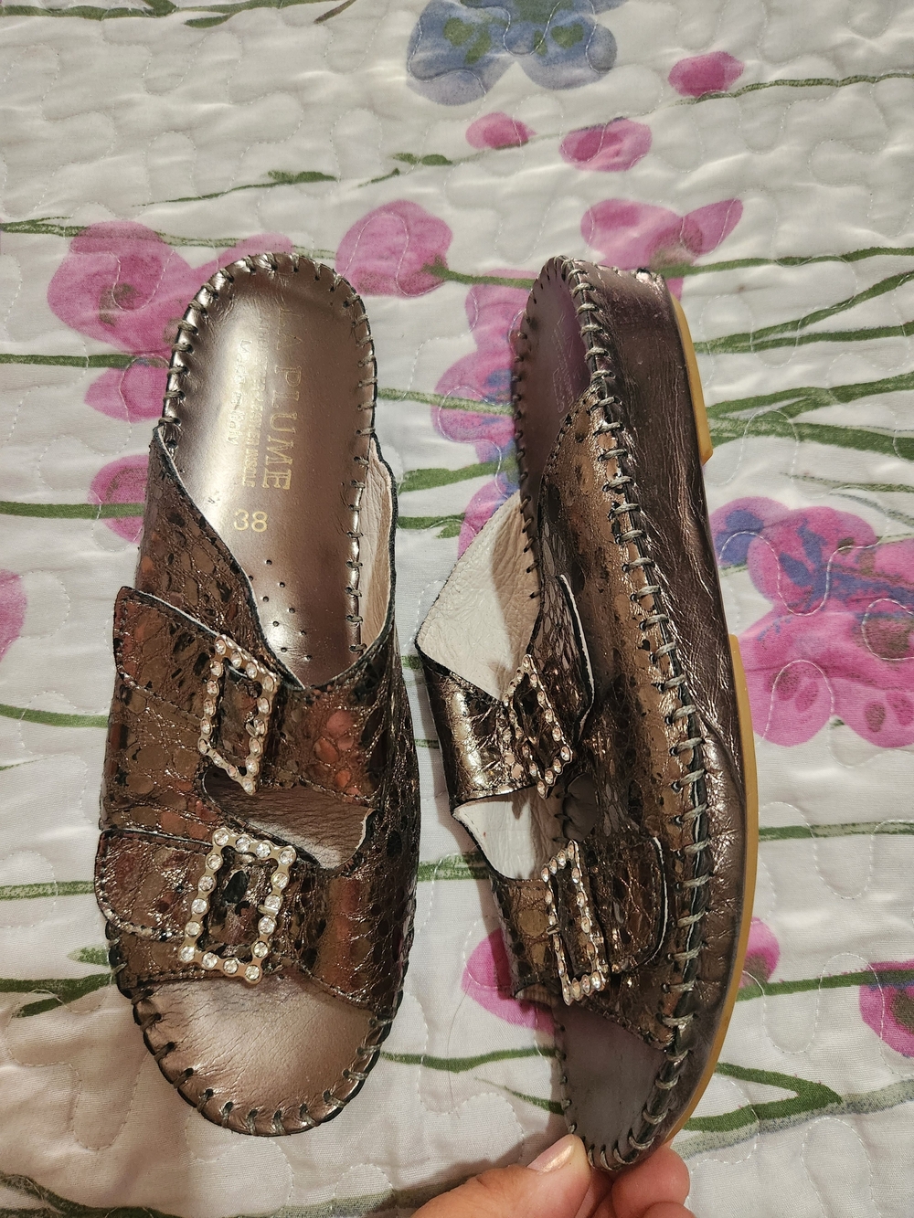 La Plume Jen Slide Metallic Bronze Sandal with Crystal Buckles Leather Finish